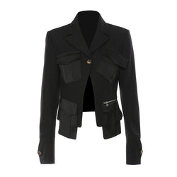 Functional Multiple Pocket Long Sleeve Lapel Collar Single Breasted Blazer