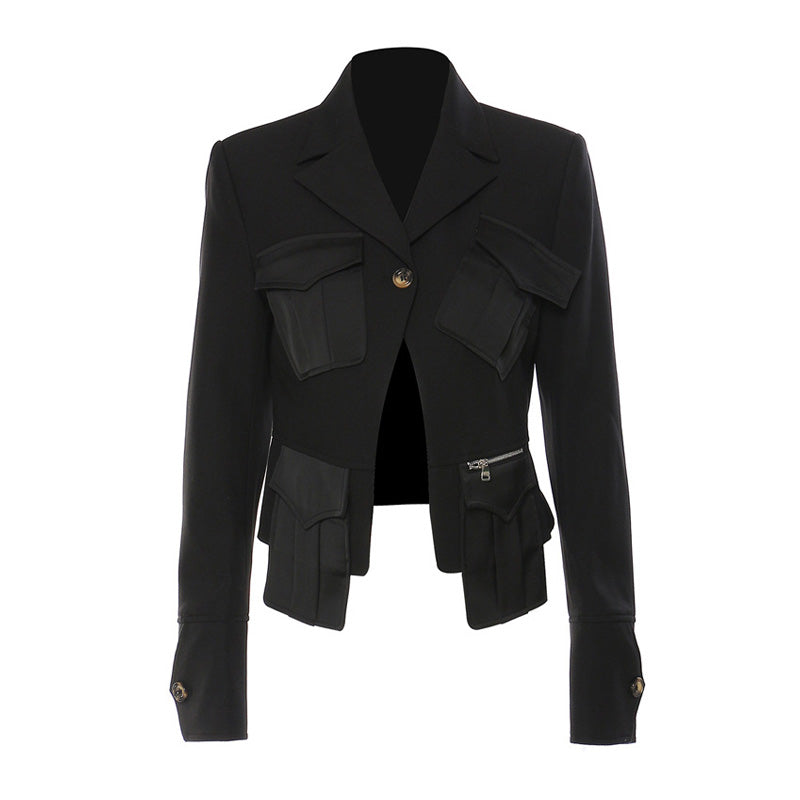 Functional Multiple Pocket Long Sleeve Lapel Collar Single Breasted Blazer