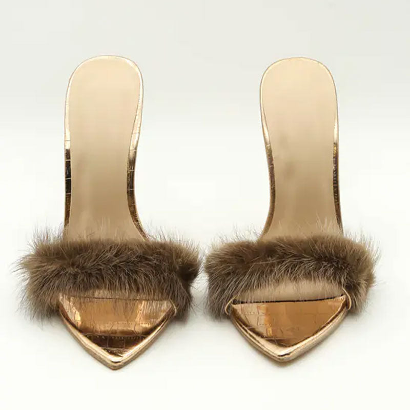 Fuzzy Faux Fur Crocodile Embossed Open Pointed Toe Stiletto Mules - Gold