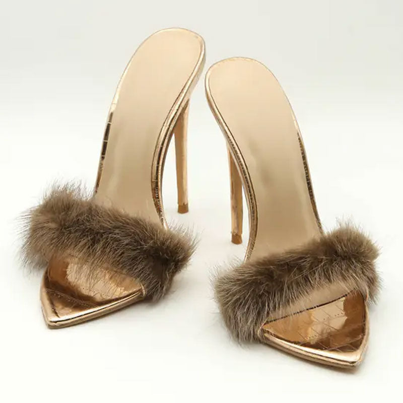 Fuzzy Faux Fur Crocodile Embossed Open Pointed Toe Stiletto Mules - Gold