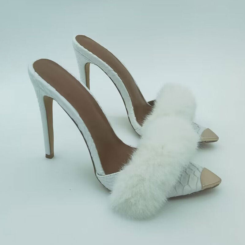 Fuzzy Faux Fur Crocodile Embossed Open Pointed Toe Stiletto Mules - White