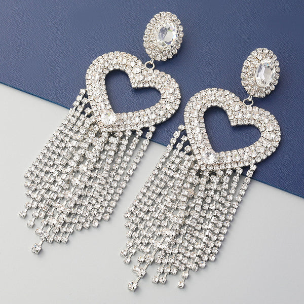 Gem Detail Crystal Embellished Heart Shape Tassel Earrings - Silver