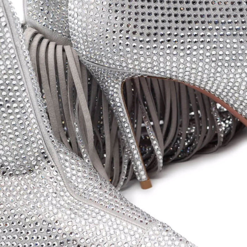 Glitter Fringe Rhinestone Embellished Pointed Toe Stiletto Boots - Silver