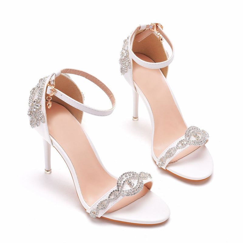Glitter Rhinestone Embellished Ankle Strap High Heel Sandals - White