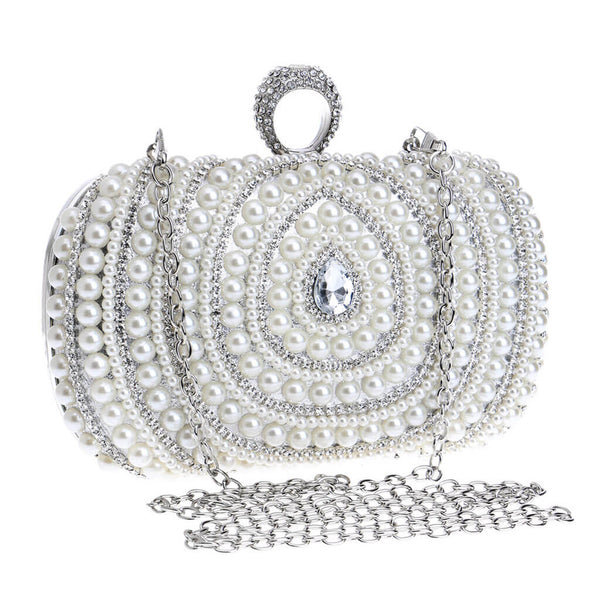 Glitter Rhinestone Embellished Top Handle Pearl Pouch Clutch - Silver