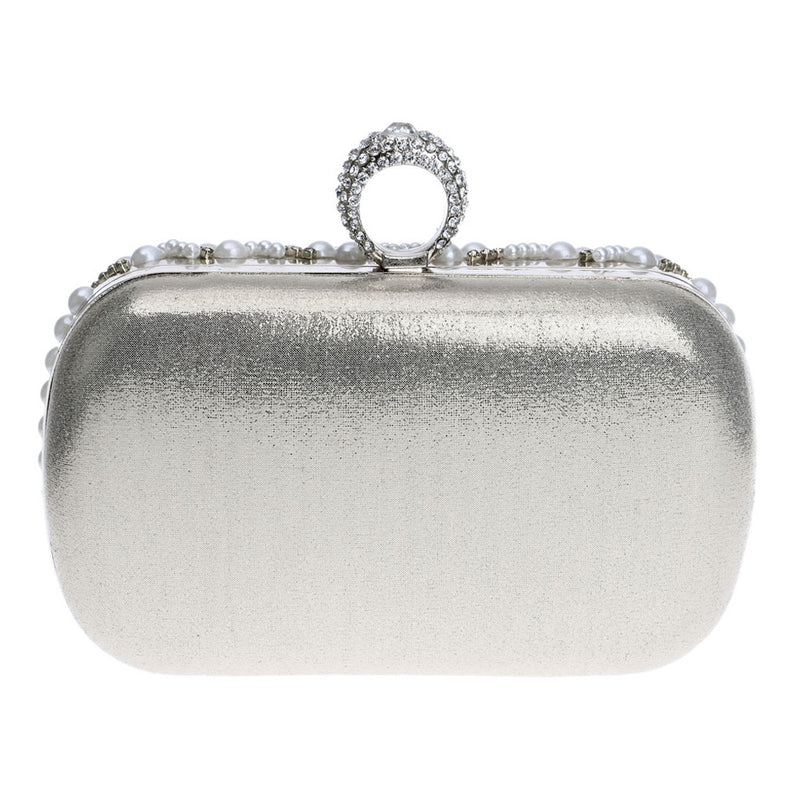 Glitter Rhinestone Embellished Top Handle Pearl Pouch Clutch - Silver