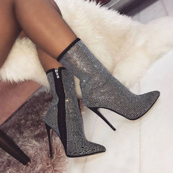 Glitter Rhinestone Pointed Toe Suede Stiletto Ankle Boots - Black