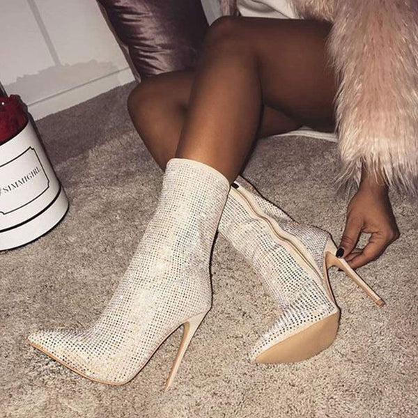 Glitter Rhinestone Pointed Toe Suede Stiletto Ankle Boots - White