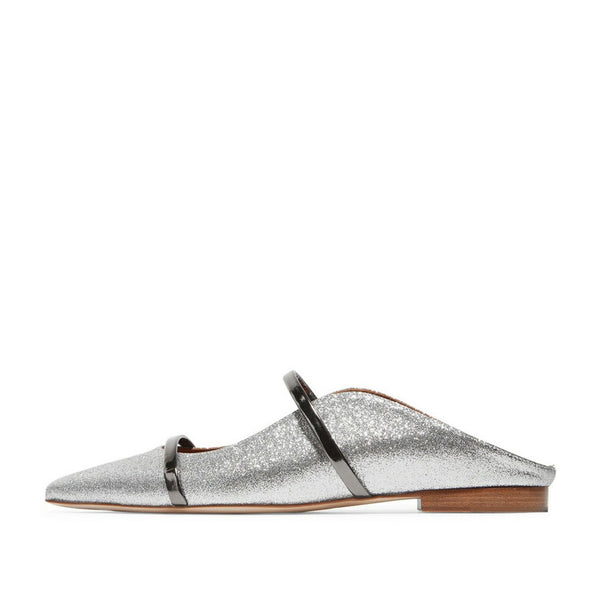 Glittering Curved Detail Dual Band Pointed Toe Backless Flats - Silver