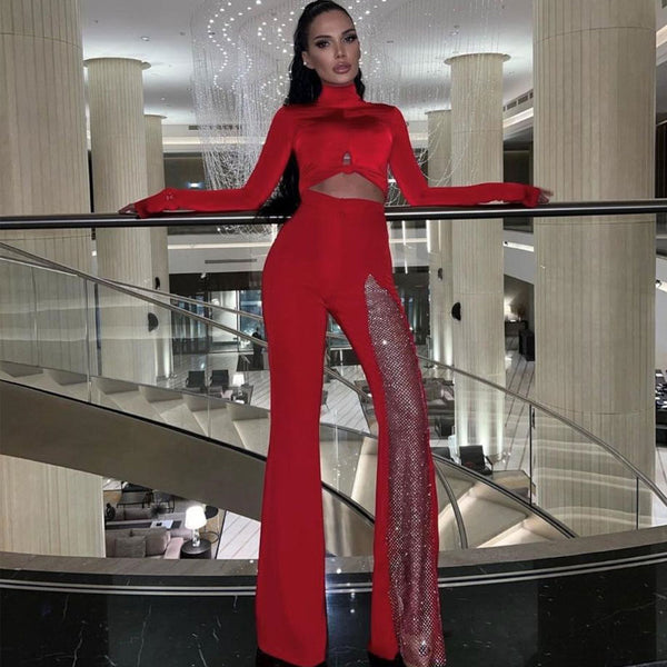 Glittering Diamante Mesh High Rise Bandage Flare Pants - Red