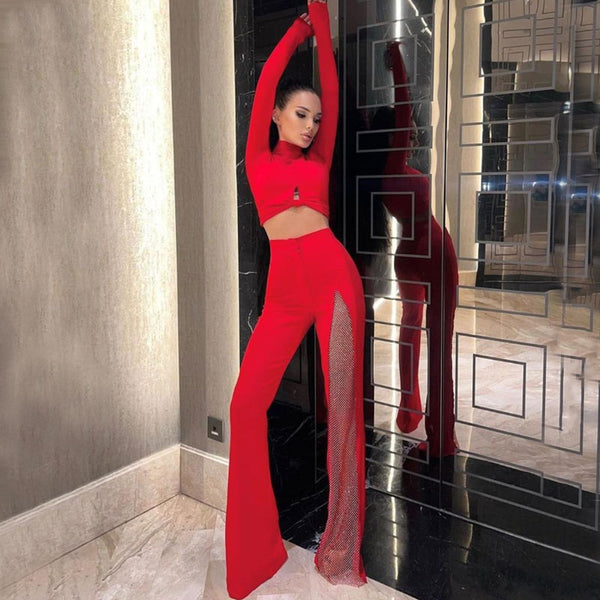 Glittering Diamante Mesh High Rise Bandage Flare Pants - Red