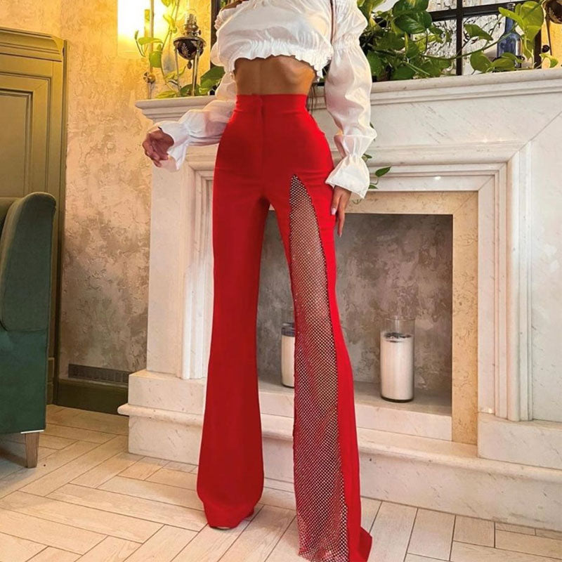Glittering Diamante Mesh High Rise Bandage Flare Pants Red