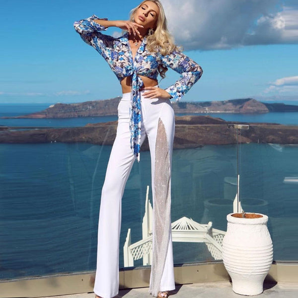 Glittering Diamante Mesh High Rise Bandage Flare Pants - White
