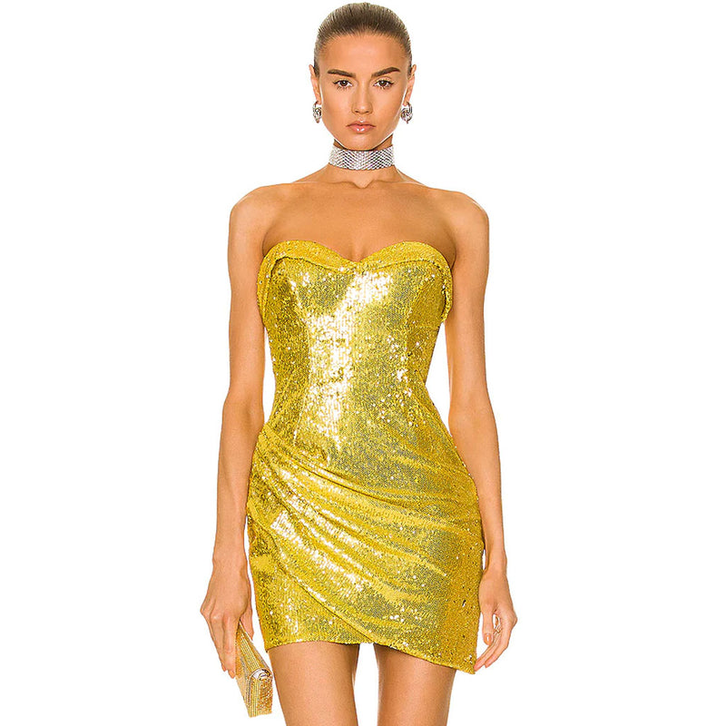 Glittering Draped Detail Sweetheart Strapless Sequin Mini Dress - Gold
