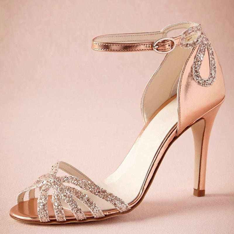 Glittering Peep Toe Ankle Strap Stiletto Caged Sandals - Champagne Gold
