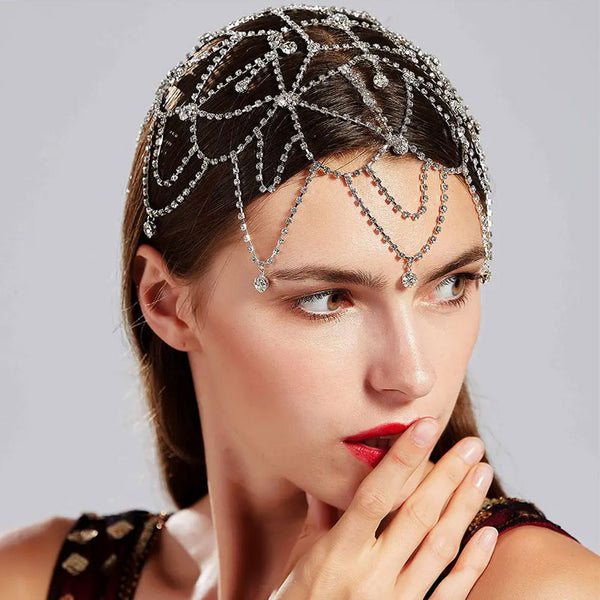 Glittering Rhinestone Embellished Caged Chain Headpiece - Silver