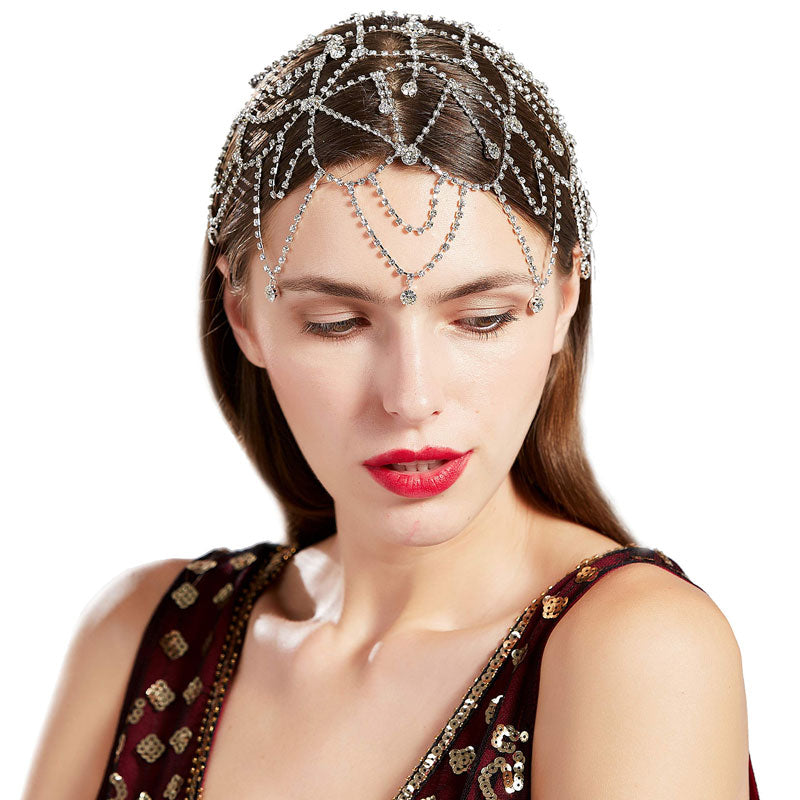 Glittering Rhinestone Embellished Caged Chain Headpiece - Silver