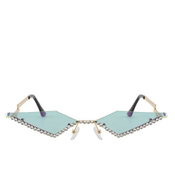 Glittery Crystal Trimmed Frameless Cat Eye Sunglasses - Green