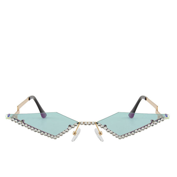 Glittery Crystal Trimmed Frameless Cat Eye Sunglasses - Green