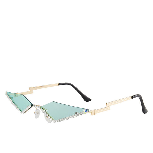Glittery Crystal Trimmed Frameless Cat Eye Sunglasses - Green