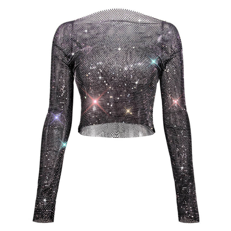 Glittery Rhinestone Mesh Long Sleeve Embellished Crop Top - Black