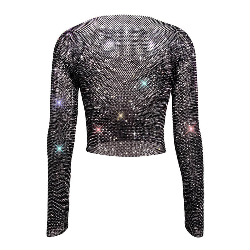 Glittery Rhinestone Mesh Long Sleeve Embellished Crop Top - Black