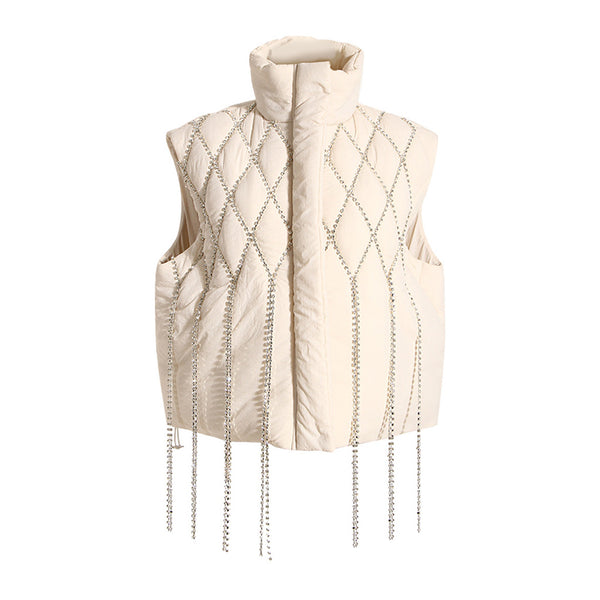 Glitzy Crystal Embellished Fringe Stand Collar Quilted Puffer Vest