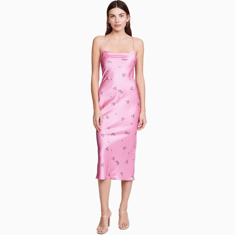 Glossy Ditsy Floral Print Backless Satin Slip Midi Dress - Pink