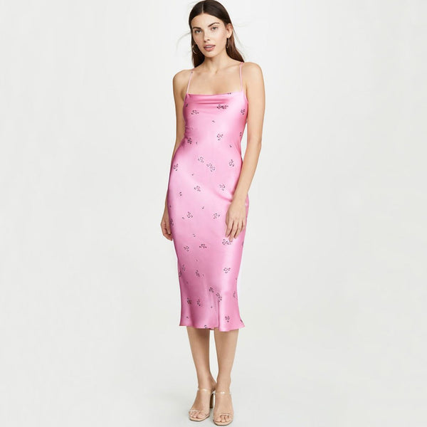 Glossy Ditsy Floral Print Backless Satin Slip Midi Dress - Pink