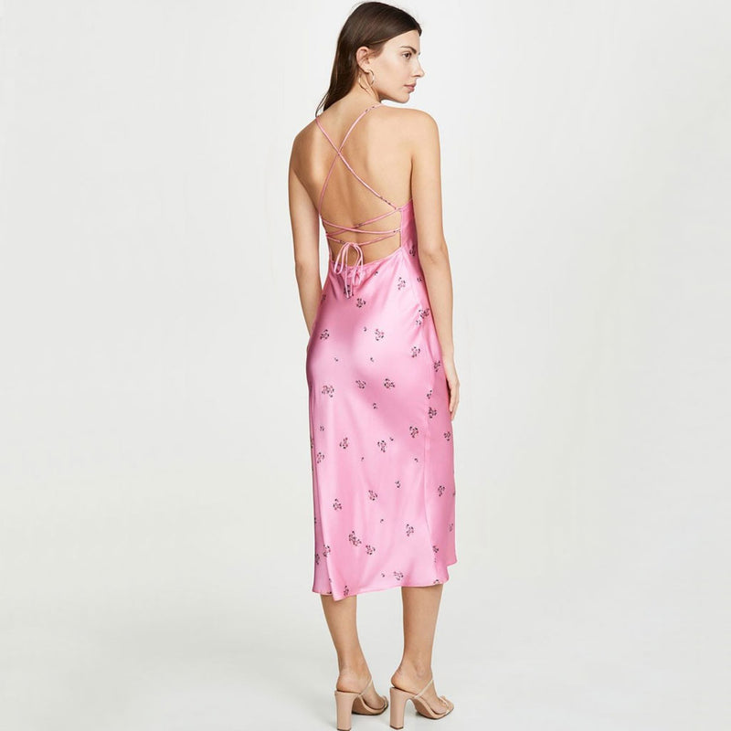 Glossy Ditsy Floral Print Backless Satin Slip Midi Dress - Pink