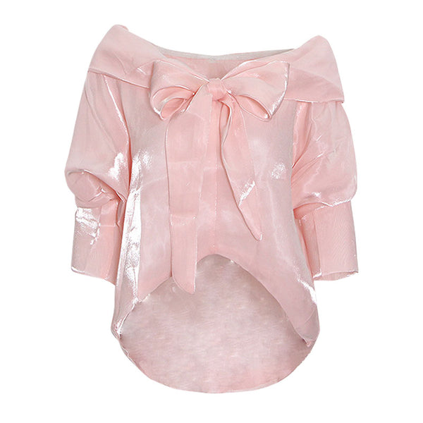 Glossy Organza Bow Tie Off the Shoulder 3/4 Sleeve Cropped Blouse