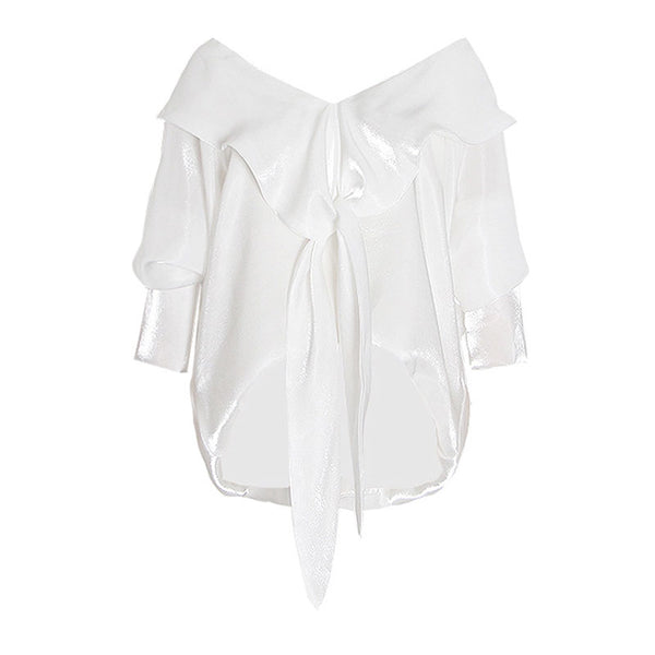 Glossy Organza Bow Tie Off the Shoulder 3/4 Sleeve Cropped Blouse