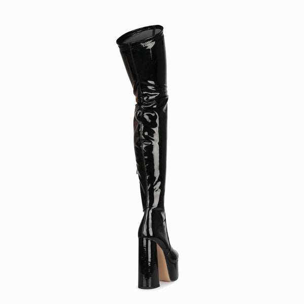 Glossy Patent Leather Over Knee Platform Block Heeled Boots - Black