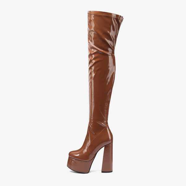Glossy Patent Leather Over Knee Platform Block Heeled Boots - Caramel