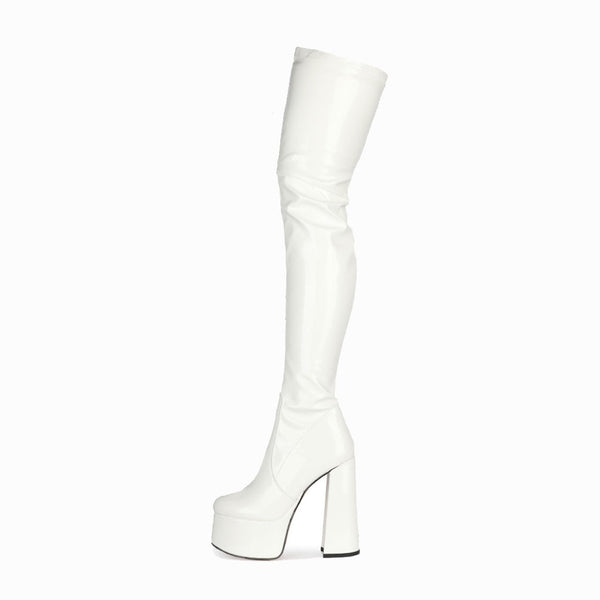 Glossy Patent Leather Over Knee Platform Block Heeled Boots - White