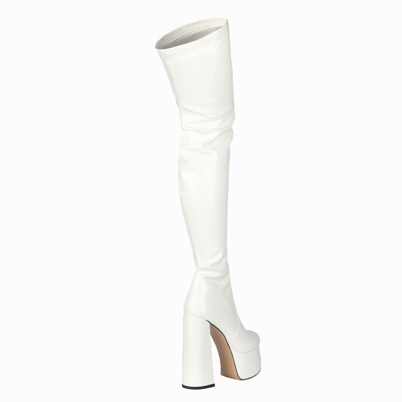 Glossy Patent Leather Over Knee Platform Block Heeled Boots - White