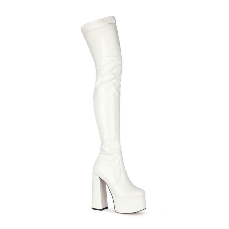 Glossy Patent Leather Over Knee Platform Block Heeled Boots - White