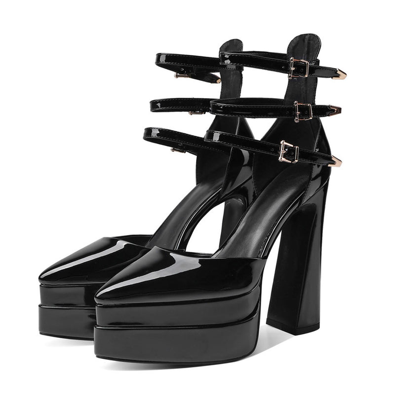 Glossy Pointed Toe Platform Block Heel Ankle Strap Pumps - Black