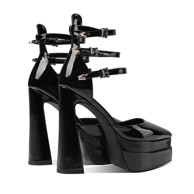 Glossy Pointed Toe Platform Block Heel Ankle Strap Pumps - Black