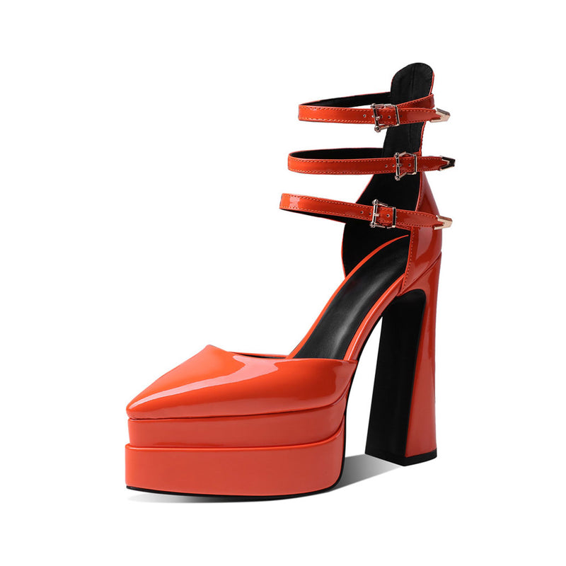 Glossy Pointed Toe Platform Block Heel Ankle Strap Pumps - Orange