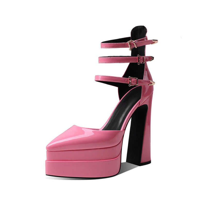 Glossy Pointed Toe Platform Block Heel Ankle Strap Pumps - Pink