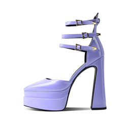 Glossy Pointed Toe Platform Block Heel Ankle Strap Pumps - Purple