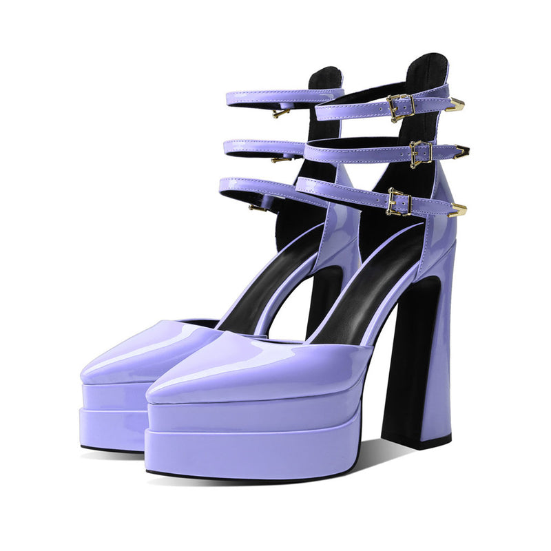 Glossy Pointed Toe Platform Block Heel Ankle Strap Pumps - Purple