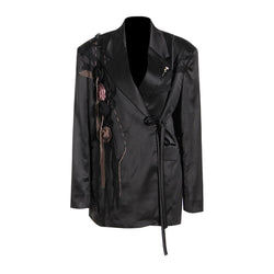 Glossy Rosette Detail Lapel Collar Exposed Seam Crossover Tie Front Oversized Blazer