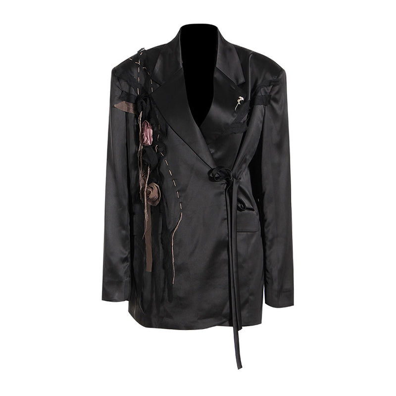 Glossy Rosette Detail Lapel Collar Exposed Seam Crossover Tie Front Oversized Blazer