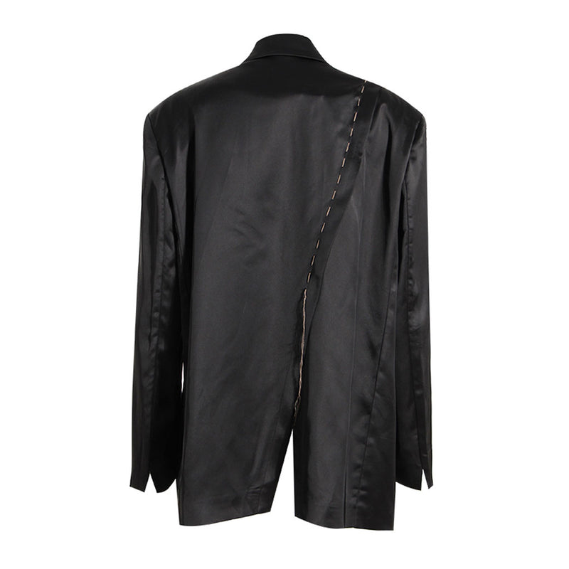 Glossy Rosette Detail Lapel Collar Exposed Seam Crossover Tie Front Oversized Blazer