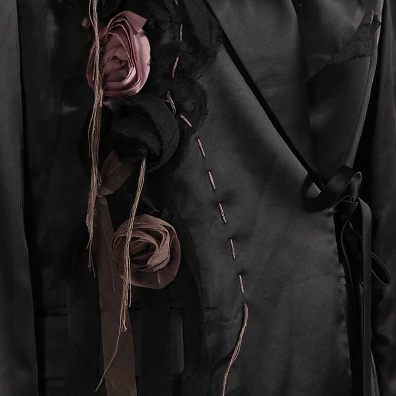 Glossy Rosette Detail Lapel Collar Exposed Seam Crossover Tie Front Oversized Blazer