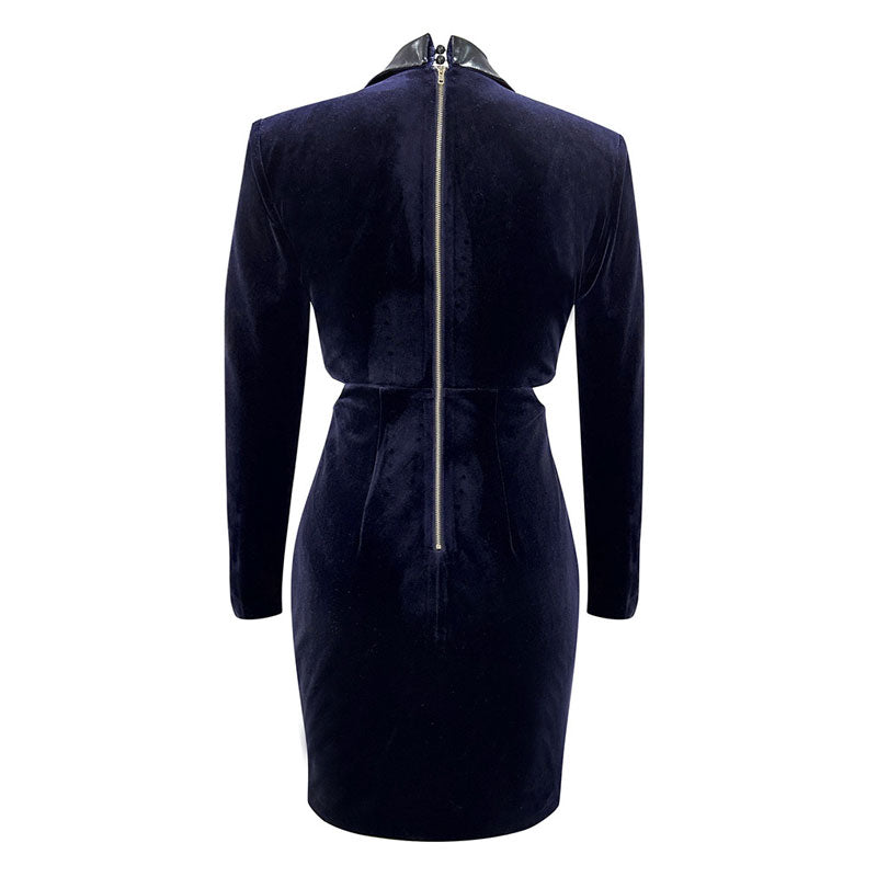 Gold Button Vegan Leather Paneled Collared Cut Out Fitted Mini Velvet Dress - Navy Blue
