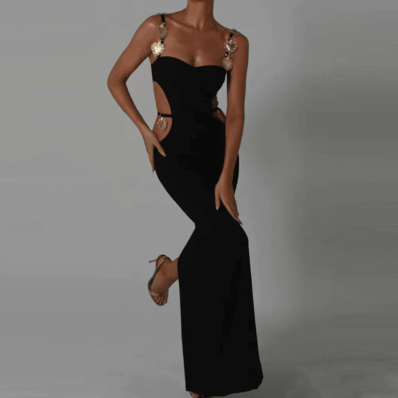 Vintage Gold Chain Strappy Deep V Evening Maxi Dress - Black