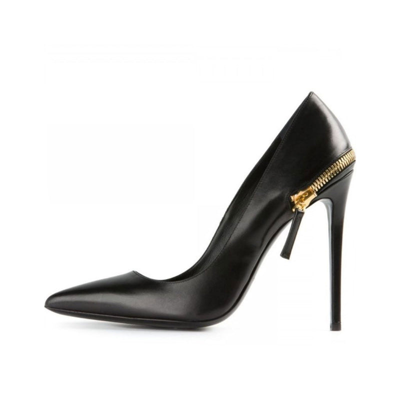 Gold Zipper Detail Faux Leather Pointed Toe Stiletto Pumps - Black